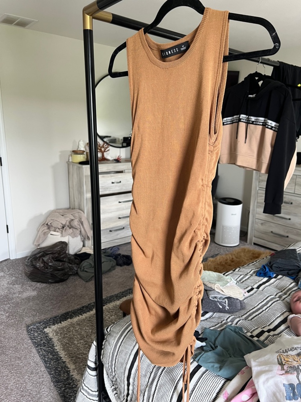 Lioness Tan Sleeveless Ruched Midi Dress